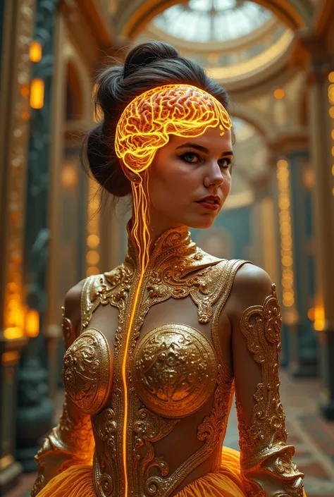 runs away from the mountain High quality,  8K Ultra HD, hyperdetailed image. Cyber-Baroque Fashion, combining baroque luxury and high-tech.

Her the exquisite dress is decorated with complex gold patterns, elements with cybernetic inserts and glowing neon ...