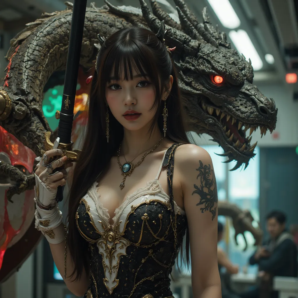 ((((looking at camera)))),(photorealistic, large-breast ),((white dragon:2.0)),a beautiful girl, ,she wearing side-tie_bikini, (large cleavage,Big tits), A fashion runway for alien technology ,Reveal full breasts,Big breasts, Cyberpunk fashion photography ...