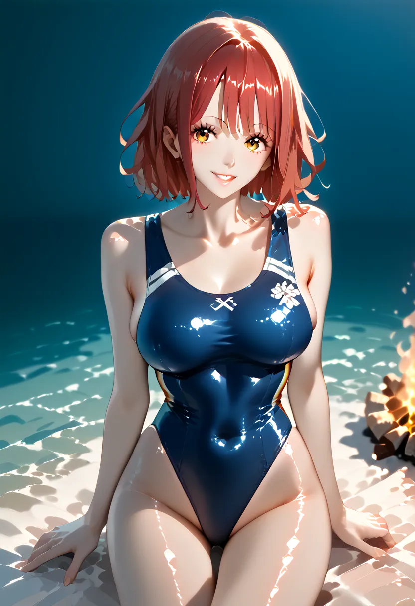 best quality, masterpiece, High Resolution, super detailed skin, Completely-Wide, beautifully detailed eyes, Bonfire \(Xenoblade\), 1 girl, red hair, short hair, Swept-apart bangs, bob cut the blue cloth, red eyes,  amazing smile 、 age girl、Big Breasts、 Sh...