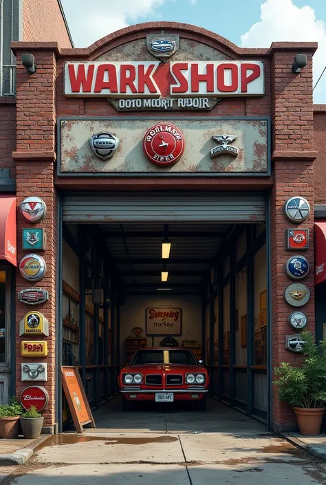 Mechanical workshop façade with car logos