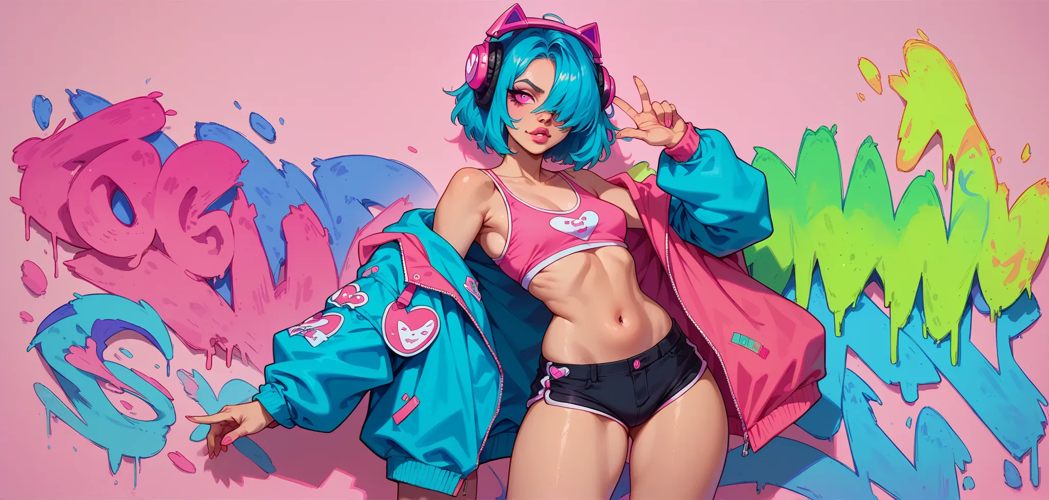 score_9, score_8_up, score_7_up, cartoon of a girl, solo, sexy, slutty, pink eyes, intense gaze, blue hair, hair over one eye, straight hair, gamer girl outfit, small breast, thighs, standing, creating a powerful visual impact, pink background, colorful gr...