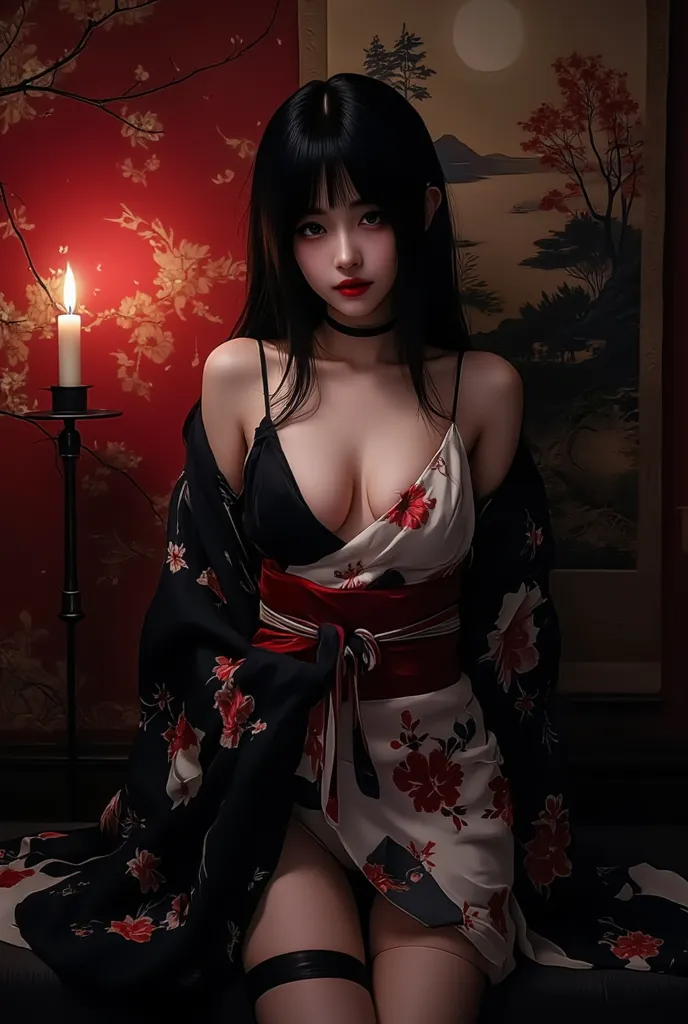 Rukia, a stunningly sexy anime character, standing confidently in a dimly lit, sultry setting. She is dressed in an elegant yet revealing black and white kimono, with a daringly low neckline that accentuates her ample cleavage and a thigh-high slit that gr...