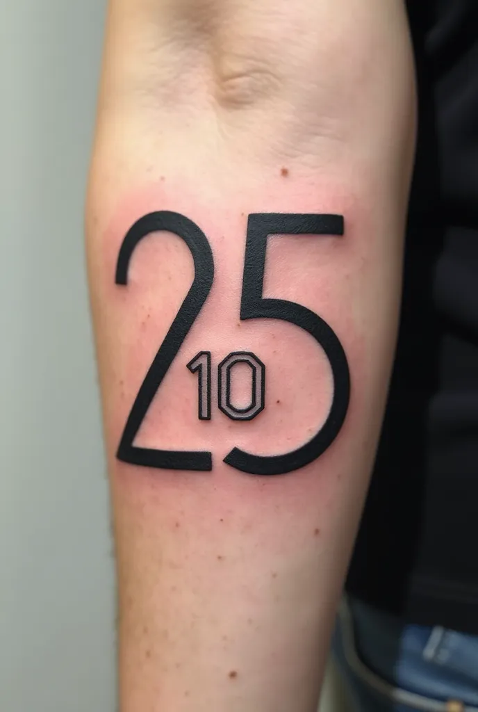 Make an image of a tattoo of the number 25 with a small number 10 inside 