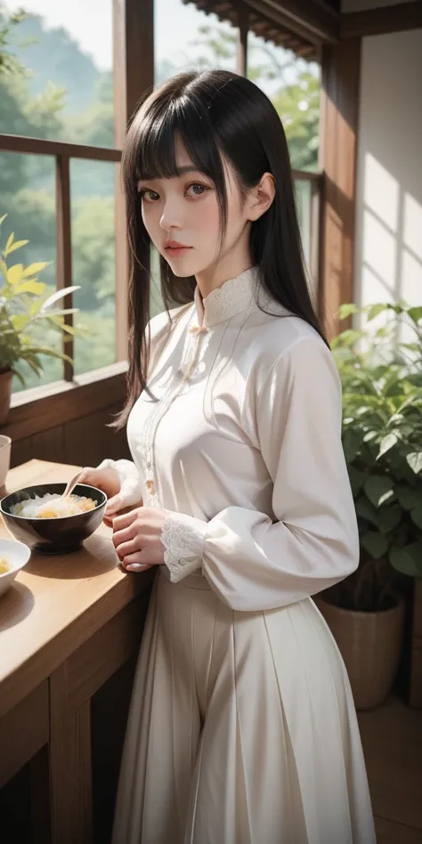 1 , high resolution, Long hair, black hair, fringe, Rice, brown eyes, White skirt, tight black long sleeve blouse, Not So White Skin