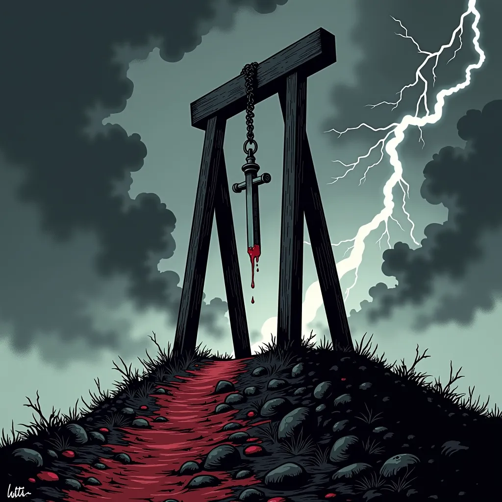 A dramatic, line-art style illustration of a guillotine standing on a hill, silhouetted against a dark and stormy sky. The scene is intense and moody, with lightning flashing in the background, casting eerie shadows. The guillotine is the central focus, wi...