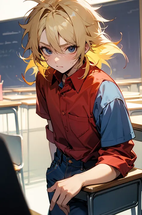 Male, Blond Hair, , School , School Background , Blue Jeans, Red Shirt, Messy Hair, Black Eye, Young, Desk, School Life, Outside Of School 