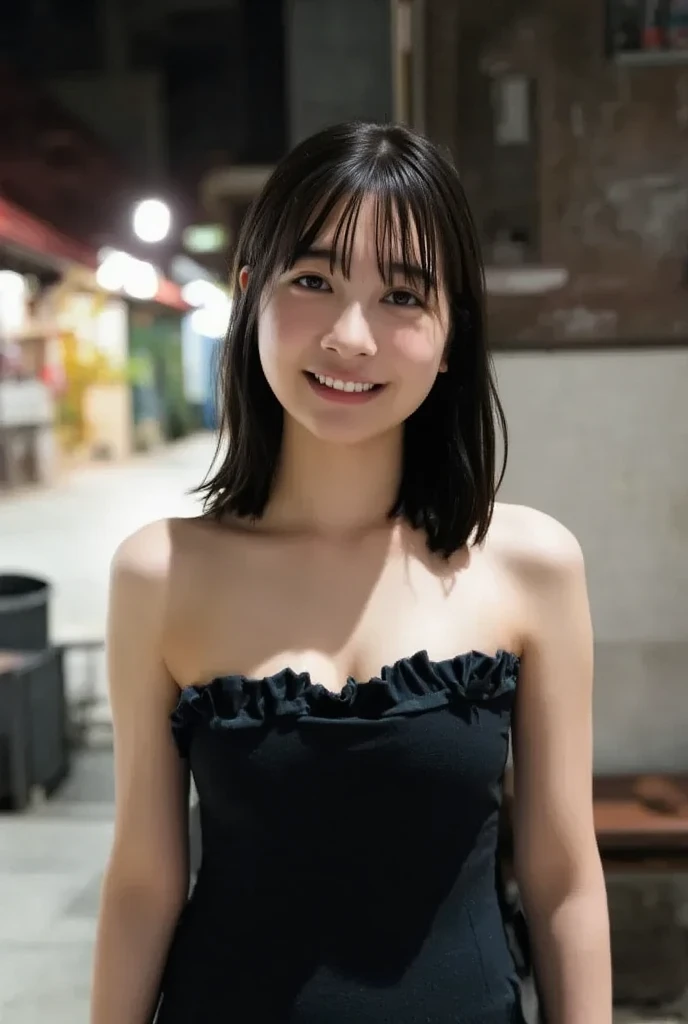  The image is a portrait of a young Asian woman. She is standing on the streets of Davao, street and street lights building background, night time, city lights. Woman wearing a beautiful black dress with white sleeves, she is wearing a white mini dress, ca...