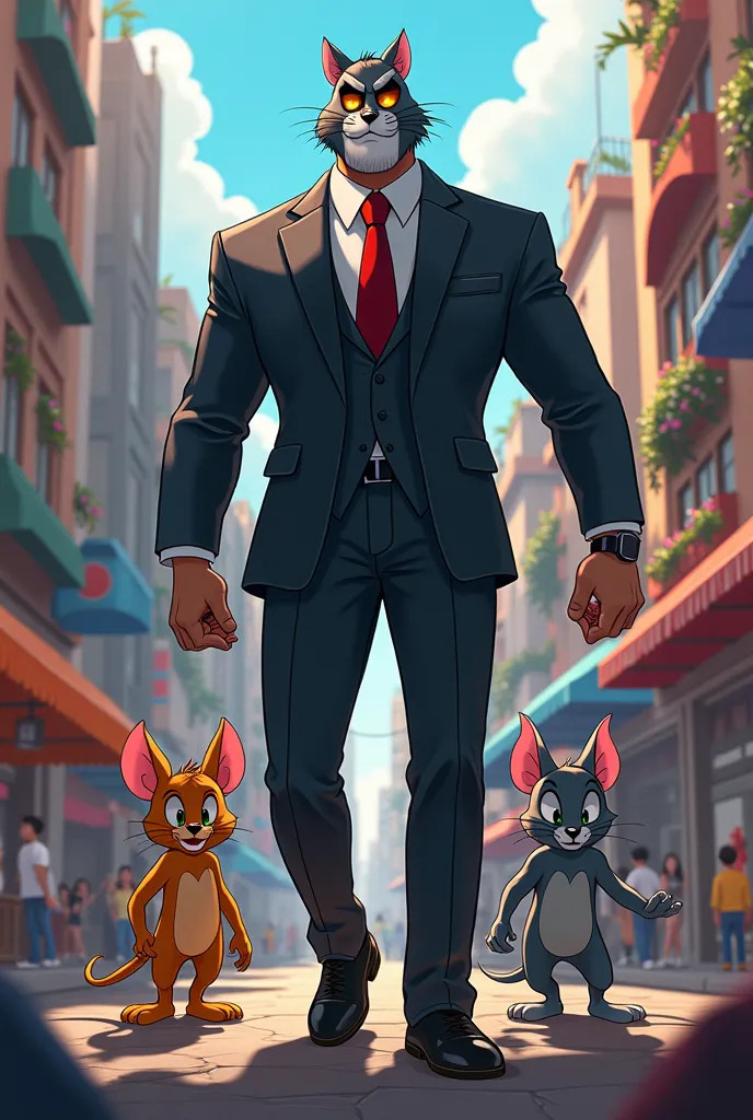 In the middle of a chaotic and colorful city ,skyscrapers, bustling alleys and a market full of people ,Tom and Jerry walk like enemies, and yes as an unstoppable duo.Tom , the cata well-tailored black suit , com uma gJerry , p.small jacket with sunglasses...