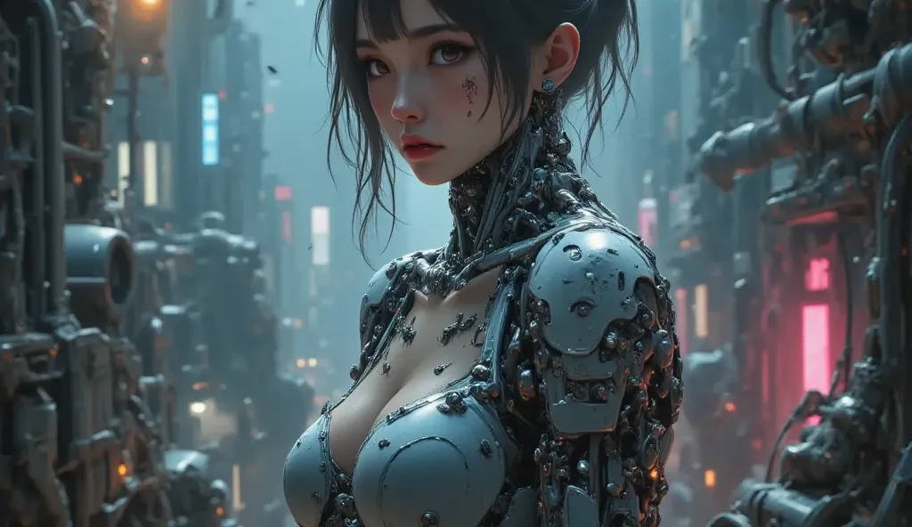 “A stunningly beautiful female android in an ultra-detailed, hyper-realistic cyberpunk scene. Her upper torso, from the ribs upward, is exquisitely human—smooth, flawless skin, captivating eyes, and delicate, lifelike features—while the rest of her body is...