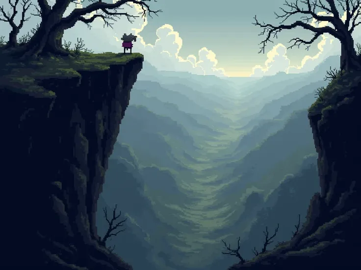 cay you give an pixel style image that we are top of the cliff but no character and have land open space at the middle give me like darkfantasy 