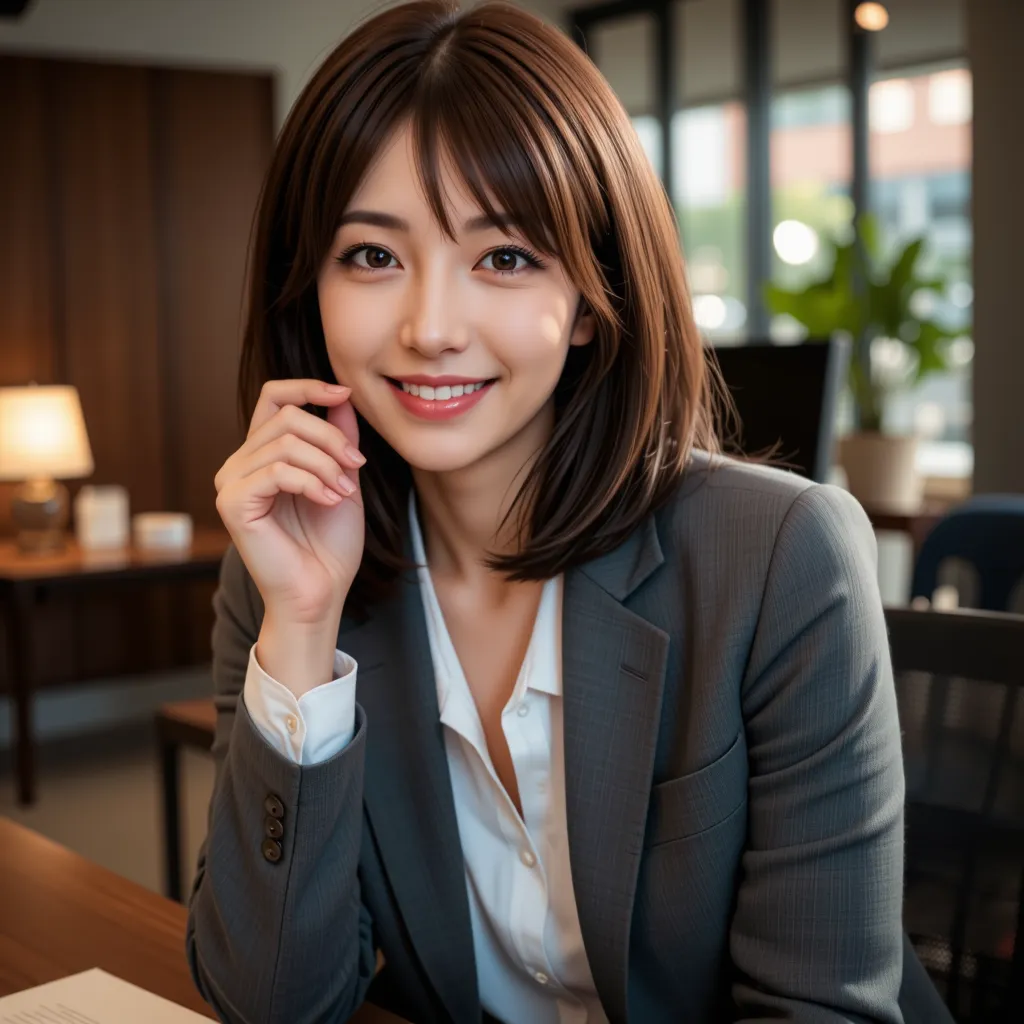 Canon EOS 5D Mark IV with EF 50mm f/1.2L USM lens at f/2: [28-year-old Japanese woman with black straight hair and brown eyes, wearing red lipstick and red nail polish, in a sexy and elegant office outfit, sitting at a desk with a warm smile], [soft, natur...