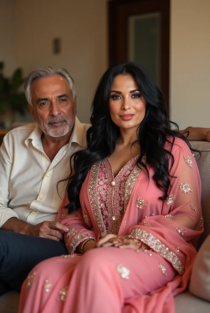 


 ((32K, top-quality:1.5, masterpiece, A high resolution, Photorealsitic)), A beautiful young Pakistan's,40 years old , bindi and light lips woman wearing pink bridal lehenga, henna (mehndi) in both hands
Sitting on a couch with DARK Skinned OLD husband ...