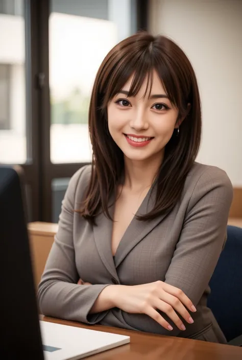 Canon EOS 5D Mark IV with EF 50mm f/1.2L USM lens at f/2: [28-year-old Japanese woman with black straight hair and brown eyes, wearing red lipstick and red nail polish, in a sexy and elegant office outfit, sitting at a desk with a warm smile], [soft, natur...