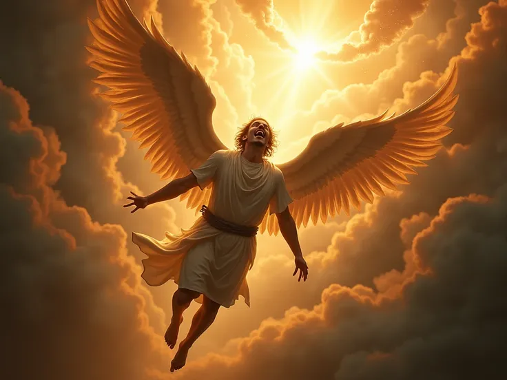 "A once-glorious angel now plummeting from the heights of heaven. His majestic wings burn and darken as he falls into a swirling abyss, his expression twisted with a mix of shock, regret, and defiance. Above him, the radiant throne of God shines in the dis...