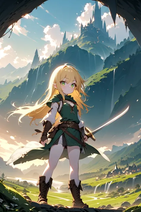 chica,  young, beautiful, white skin,  short yellow hair ,  short stature, small breasts, Maximum quality, green eyes,  warrior's clothing, sword, middle earth landscape.