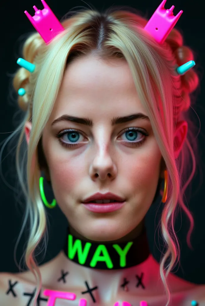 Hyperrealistic digital portrait of a blonde with decorative Y2K/cyberpunk aesthetics. Hair adorned with bright neon accessories: hot pink ribbon with spikes, neon green cross-shaped hair clips, turquoise blue beads scattered throughout the hair. Heterochro...