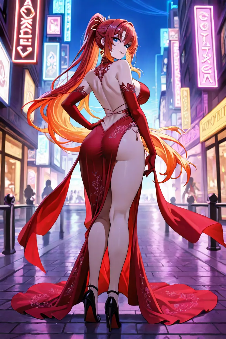 The alluring and iconic character Mai Shiranui, a renowned fighter from the world of video games, confidently striding forth in a stunning slit dress that leaves little to the imagination. The dress, a vibrant red number that perfectly complements her fier...