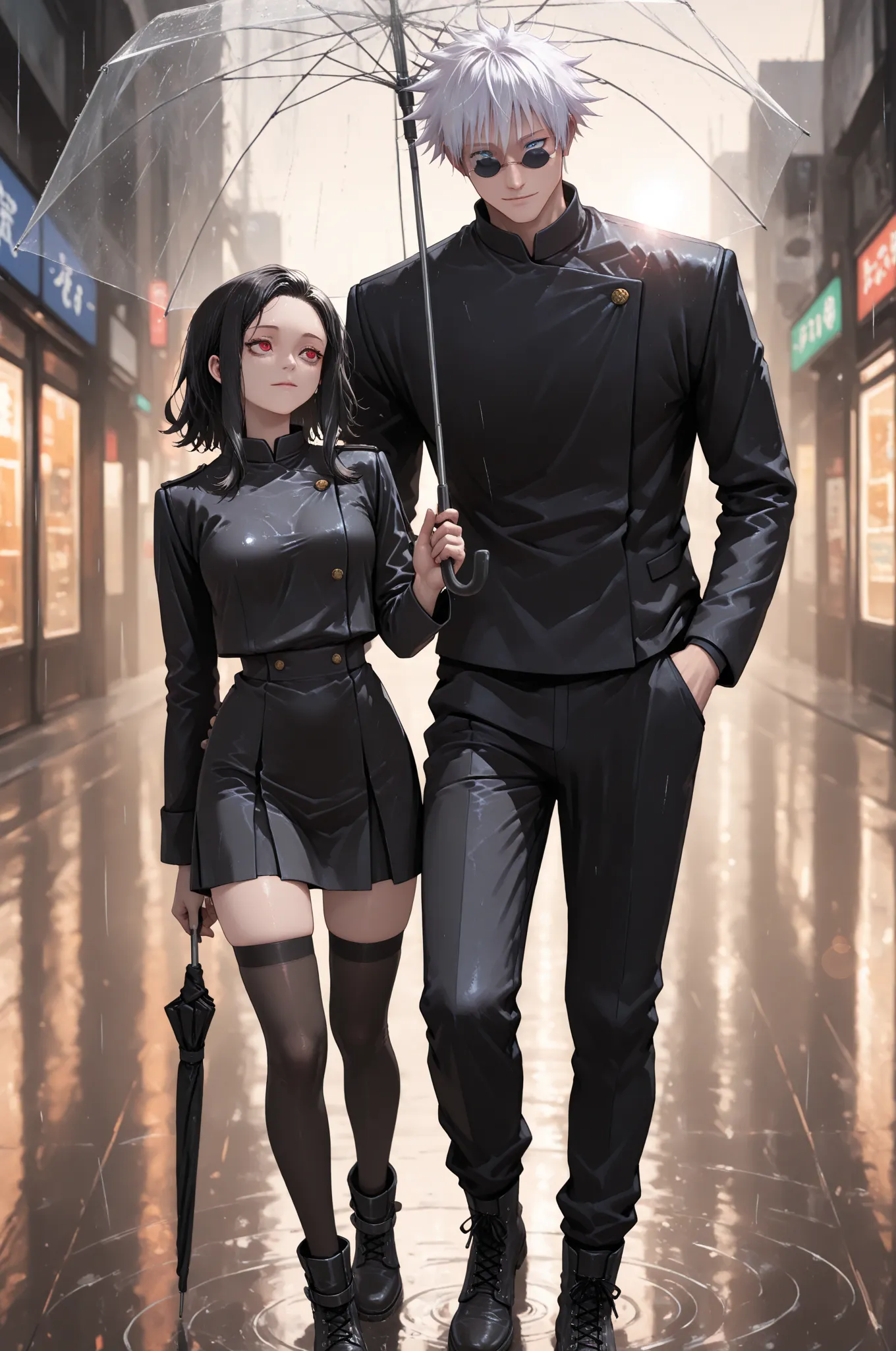 masterpiece, best quality, amazing quality, absurdres, extremely detailed face and eyes, cinematic, dynamic angle, warm colors, BREAK couple, hetero, duo focus, size difference, height difference, side-by-side, under a single transparent umbrella, (boy hol...