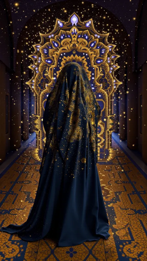 
**"Golden Enchantress of Sana'a"** —Surreal 8K masterpiece, Yemeni queen in a **gossamer 24k gold niqab**, face veiled yet luminous. **Eyes blaze with fractal amber irises** (Starry Night starburst pupils). **Obsidian hair cascades** under a **gilded sham...