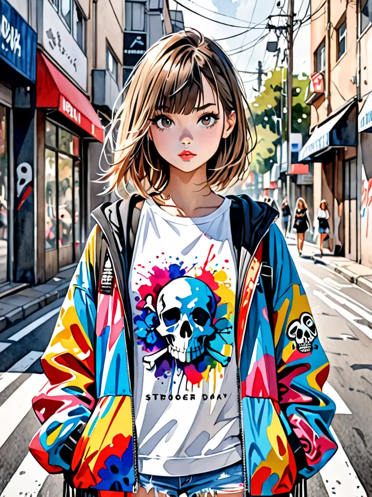  hyperrealism, Simple Line Acronym，Abstract art，Kitamura Nobuhiko style , cute design , Stylish girl, STRONGER EVERY DAY,  watercolor, street fashion, skull