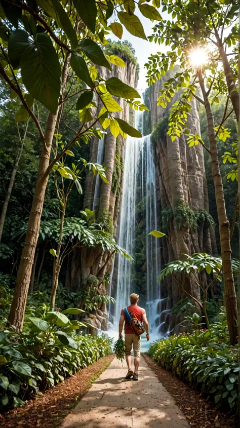 A hyper-realistic first-person view of Adam walking through the Garden of Eden, his hands brushing against lush, oversized leaves that glisten with morning dew. The golden sunlight filters through the towering trees, casting intricate patterns on the groun...