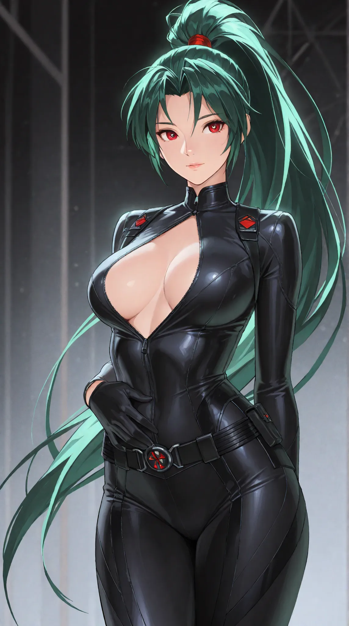 grown-up girl, very long green hair, high ponytail, red eyes, black tight uniform, Black Widow, open breasts, open belly, Masterpiece, best quality, Full HD, 8k, ultra details, great graphic, anime style, 2D, detailed eyes, beautiful eyes, beautiful face, ...