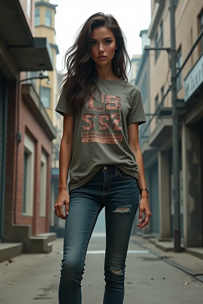 Brunette girl in urban clothes with a shirt that says LB.562