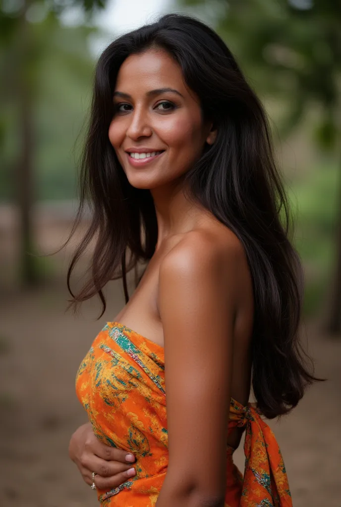 "A side view of a 30-year-old woman from Kerala, showcasing her hourglass figure and long hair, captured in a short frock with a bright and smiling face, in a realistic and detailed ultra-HD image"