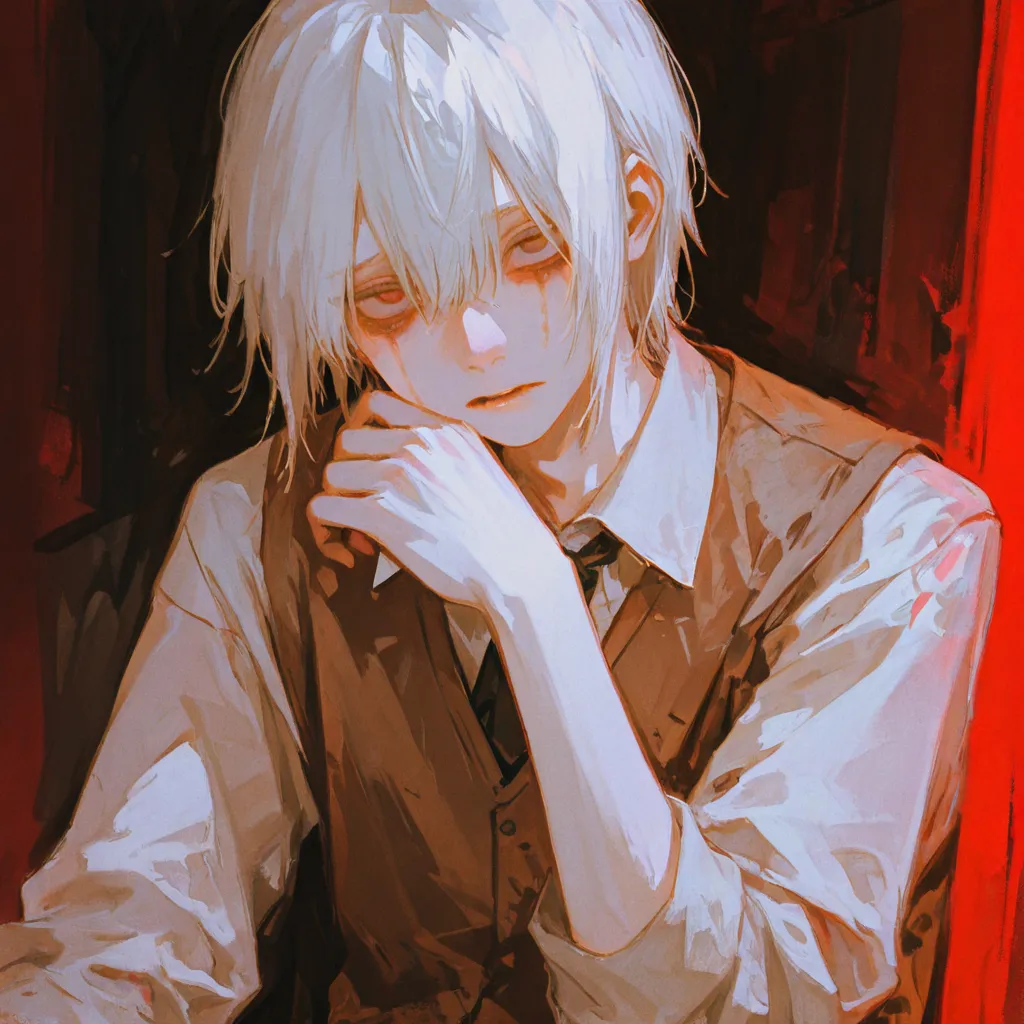 A young adult boy, with albino hair, has a lock covering his left eye, his eyes are red, his skin is pale, he wears a white shirt with a brown vest. He has nightcrawls under his eyes.