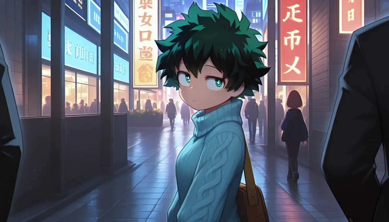 Izuku Midoriya is wearing a light blue sweater and her eyes half closed and walking around the city 