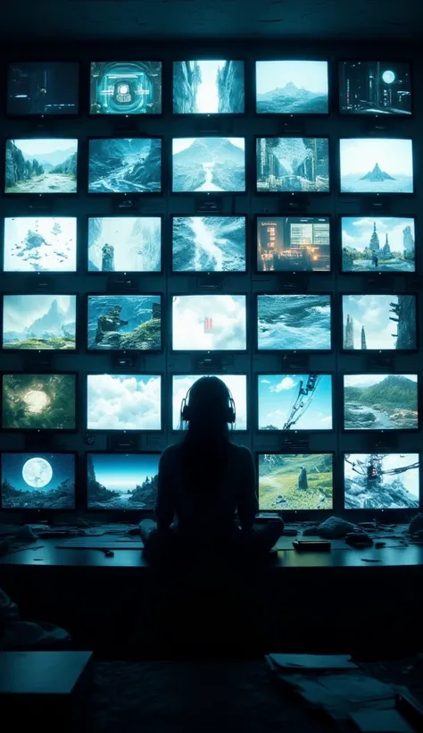   A woman sits on a wall of monitors full of rooms  , Her age room was full of computer monitors with no gaps, Decorative Space Paintings     , Gameplay screenshots  ,    colorful anti-utopian futurism,   Retrofuturistic,  Amazing realistic textures   ,  ビ...