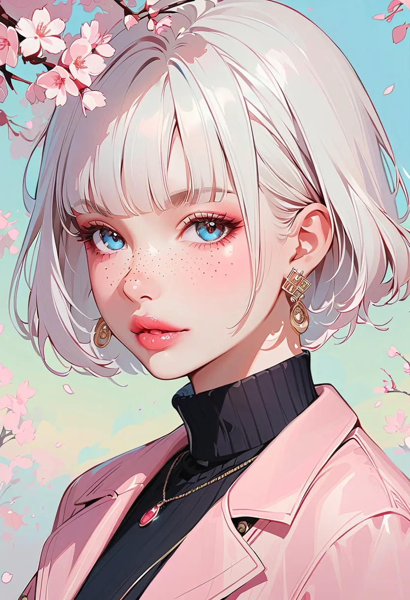 1girl, jewelry, solo, earrings, blue_eyes, turtleneck, looking_at_viewer, necklace, white_hair, cherry_blossoms, turtleneck_sweater, sweater, jacket, short_hair, black_sweater, lips, blunt_bangs, freckles, upper_body, nose