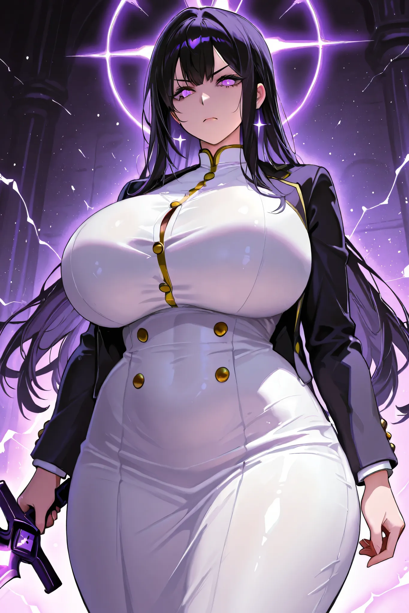 illustration of a mature woman with long black hair, with purple highlight and sharp purple electric eyes. thick body with hourglass body shape, huge breasts and thick thighs. She is wearing a white dress with gold buttons and a black blazer. She has a ser...