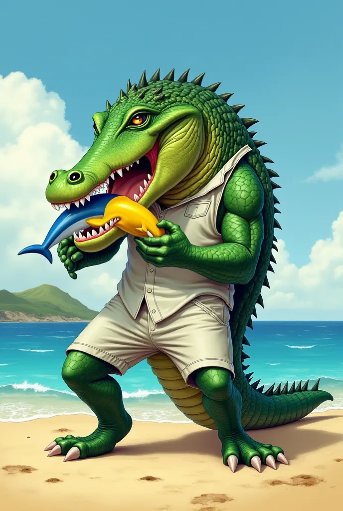 realistic illustration of a muscular green crocodile with luminous white eyes, dressed in white fisherman's clothing. Devouring a yellow and blue dolphin. Standing on beach sand.