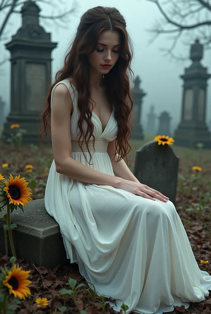 "A brunette woman with long and beautiful hair, dressed in an elegant and ethereal white dress, sitting solemnly on a grave in an old cemetery.  Her gaze is deep and enigmatic , with an expression of melancholy. At your side, a macabre sunflower drips bloo...