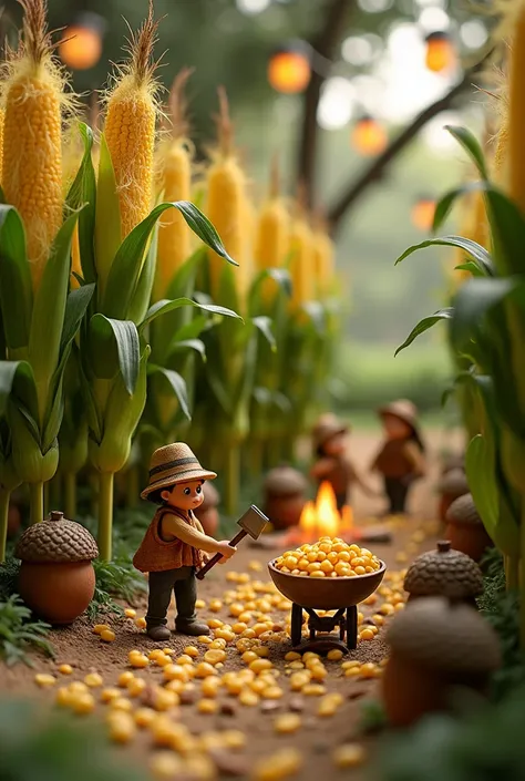 A charming farm scene where tiny lumberjacks wield twig axes to chop down towering corn stalks. Some workers peel away giant husks, revealing bright yellow kernels. Others gather the kernels in walnut-shell wheelbarrows, transporting them to a roasting sta...