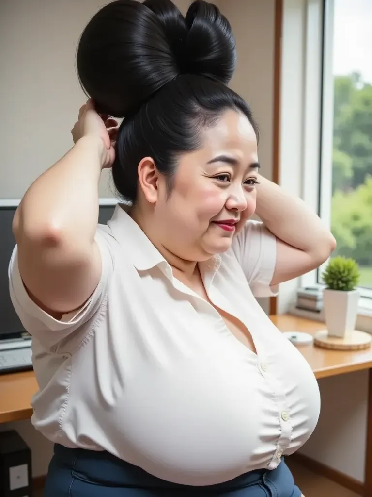 8k,highest quality, masterpiece,  Ultra High Resolution ,(masterpiece:1.6, highest quality), complicated details, spotlight, Rim Lighting,  female 1 person,  mature woman in her 50s, Japanese, full body,   above the head, ((HUGE HAIR BUNDLE , Big Hair Bun ...