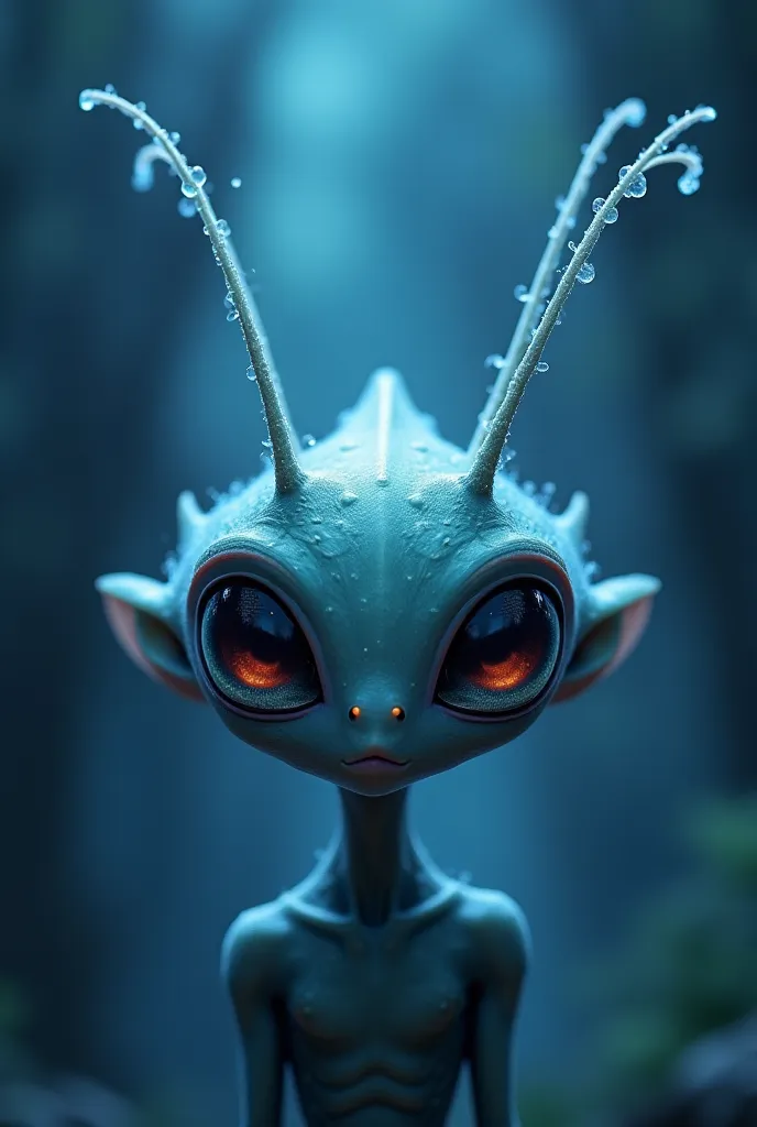 An anime style  Alien character, Three large, bioluminescent eyes—one in the center of the forehead and two slightly angled on either side. Two long, delicate, and flexible antennae extend from the top of the head.

They are slightly translucent with a fai...