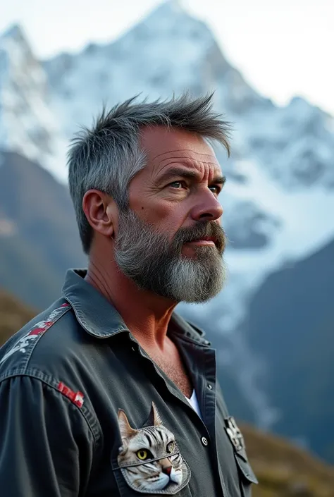  the face of a man ,  in the mountains , pelado,  cat shirt with beard and lenses