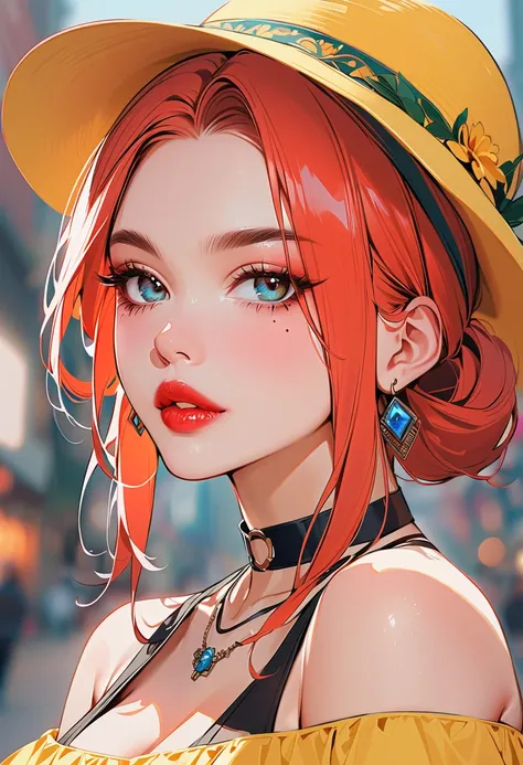 1girl, yellow_headwear, jewelry, earrings, breasts, solo, red_hair, cleavage, blue_eyes, necklace, red_lips, off_shoulder, looking_at_viewer, hat, bare_shoulders, mole, choker, blurry_background, blurry, mole_under_eye