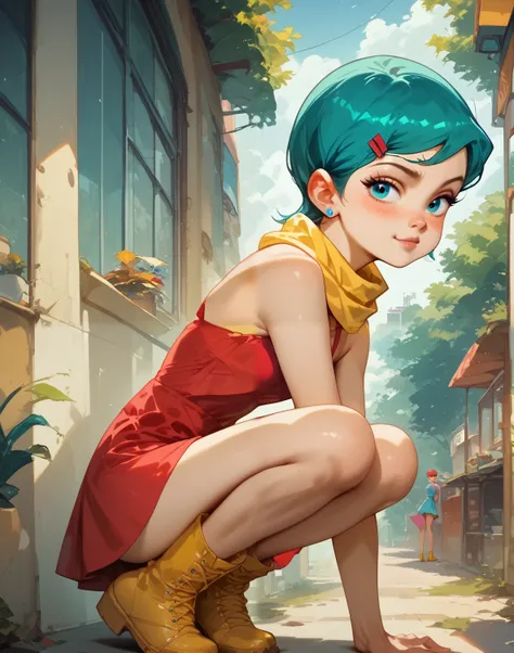 bulma, aqua blue hair, blue eyes, yellow scarf wrapped around neck,  red dress , yellow boots, trailers.no panties 