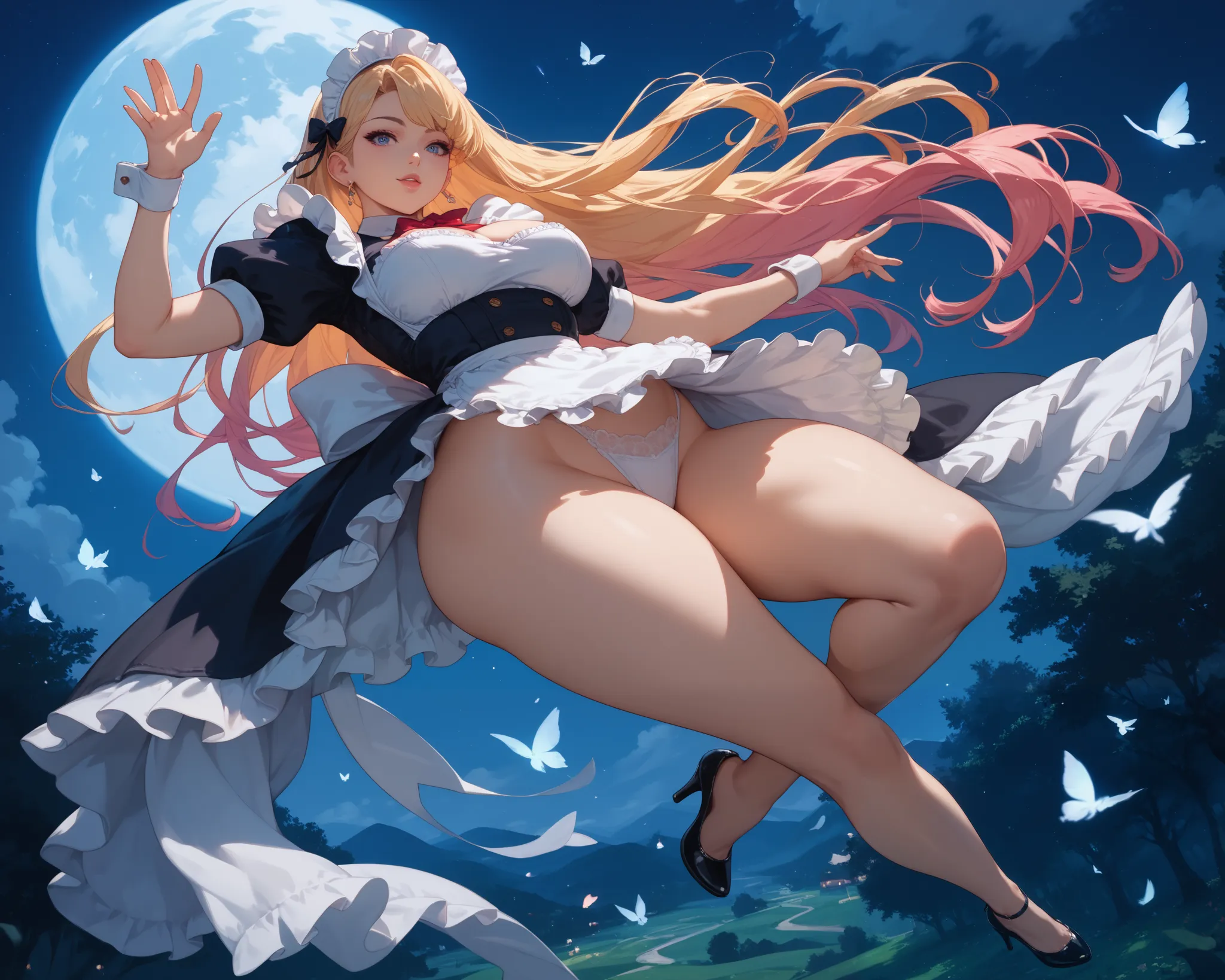  anime woman maid night, random light color and random color hair, long hair, full body, in perspective(((body with beautiful curves, in the air))) 