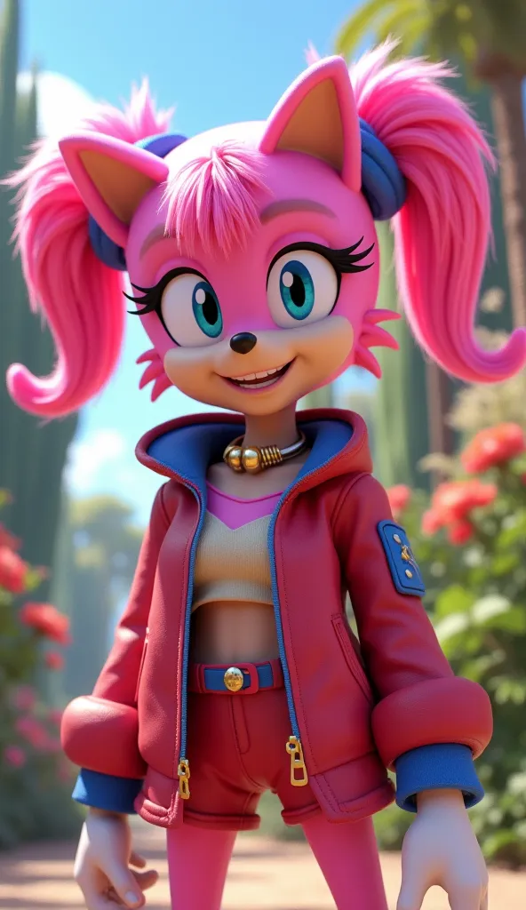 Alerquina, fully transformed into Sonic with vibrant pink hair and a pink skin tone, is smiling brightly and looking directly at the camera. She is wearing a red and blue jacket with a matching outfit, a gold choker around her neck, and her signature playf...