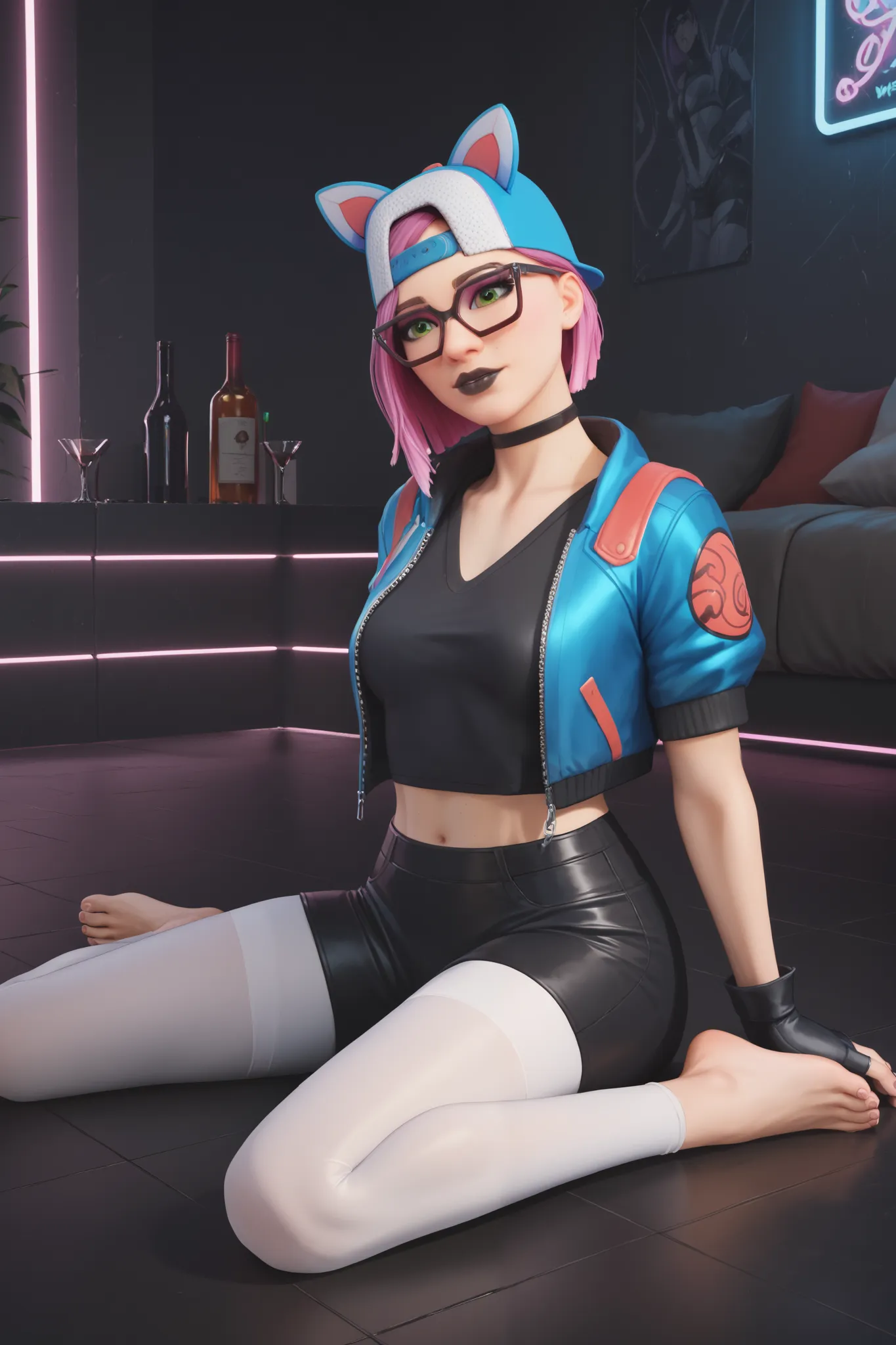 girl (masterpiece),choker,black lips, cap,fingerless gloves,evening (only), Blue jacket ,Black t-shirt,black leather shorts with white leggings,beautiful green eyes,short pink hair,glasses,sitting on the floor,barefoot,Black Floor,Futuristic room, neon lig...