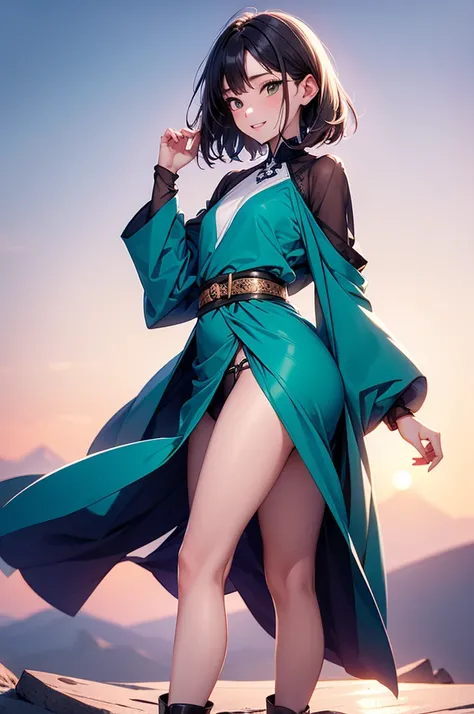  A girl with pink short hair, bright green eyes ,  beautiful lips, Slim figure,  with small breasts, In white haori, and a pink wide belt, legs in long white ankle boots ,  stands on top of a mountain at dawn ,  sexy