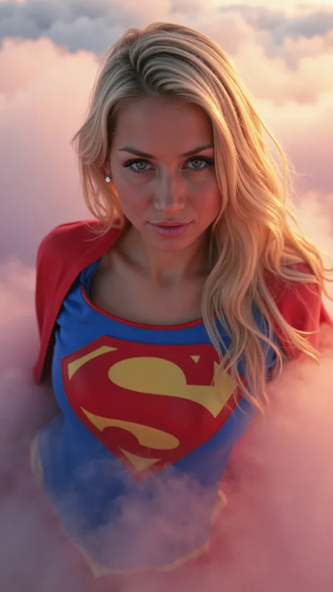 High angle fisheye Close-up of a busty supergirl, a young woman in a 1980s Supergirl costume ((20years old with large breasts; Supergirl 1980s costume; glued to the body; beautiful and elegant; huge cleavage ; blonde hair with some white strands))) and pie...