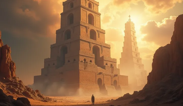  Giant Tower of Babel, in the background the Lord God observed everything. from heaven