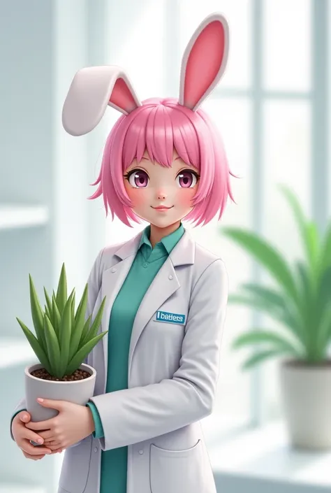 pink haired bunny girl smiling carelessy in her researcher white suit while holding a plant