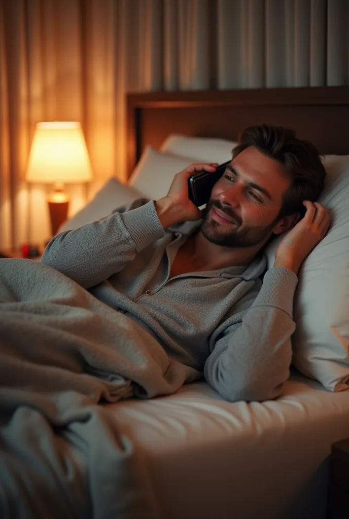 A realistic image of a man lying in bed, talking on his smartphone while wearing cozy pajamas. The man should have a relaxed, comfortable expression, holding the phone near his ear. The room should have soft, warm lighting, with the bed covered in a comfor...