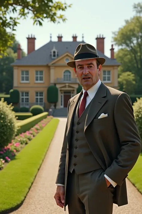 un homme de 35 ans, 1950's style, dans le jardin d'un grande maison en 1960, (masterpiece), 8k, ((rendu photographique, haut qualité))